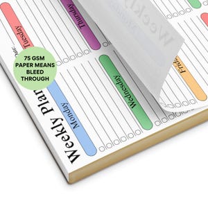 Large weekly desk planner pad photographed on minimal beige surface with spacious writing areas, checklist formatting, pastel daily sections and structured weekly organization notepad layout.