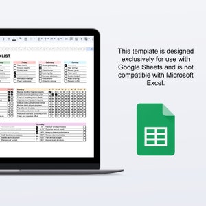 Op de afbeelding: Een screenshot van een Google Sheet-sjabloon voor een to-dolijst. Het sjabloon is ontworpen voor gebruik met Google Sheets en is niet compatibel met Microsoft Excel. Het sjabloon bevat secties voor wekelijkse, maandelijkse en jaarlijkse taken.