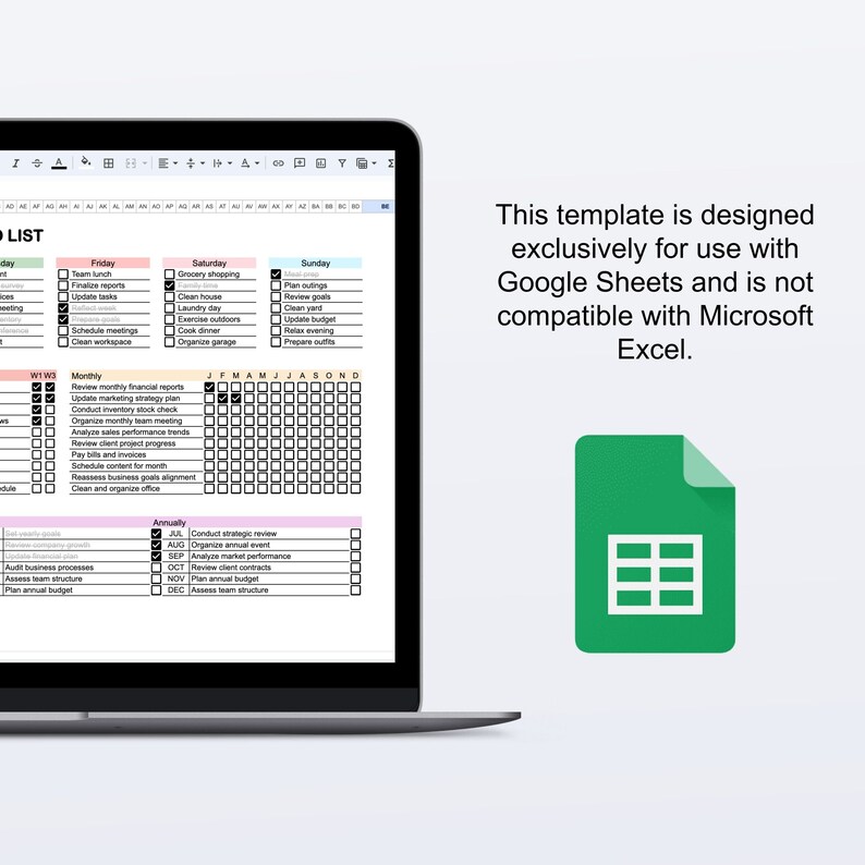 Op de afbeelding: Een screenshot van een Google Sheet-sjabloon voor een to-dolijst. Het sjabloon is ontworpen voor gebruik met Google Sheets en is niet compatibel met Microsoft Excel. Het sjabloon bevat secties voor wekelijkse, maandelijkse en jaarlijkse taken.
