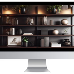 May include: A dark wood bookshelf with three shelves, filled with decorative objects, books, and plants. The shelves are lit by warm, yellow lights.