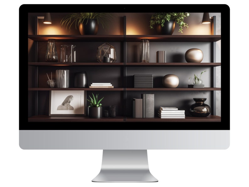May include: A dark wood bookshelf with three shelves, filled with decorative objects, books, and plants. The shelves are lit by warm, yellow lights.