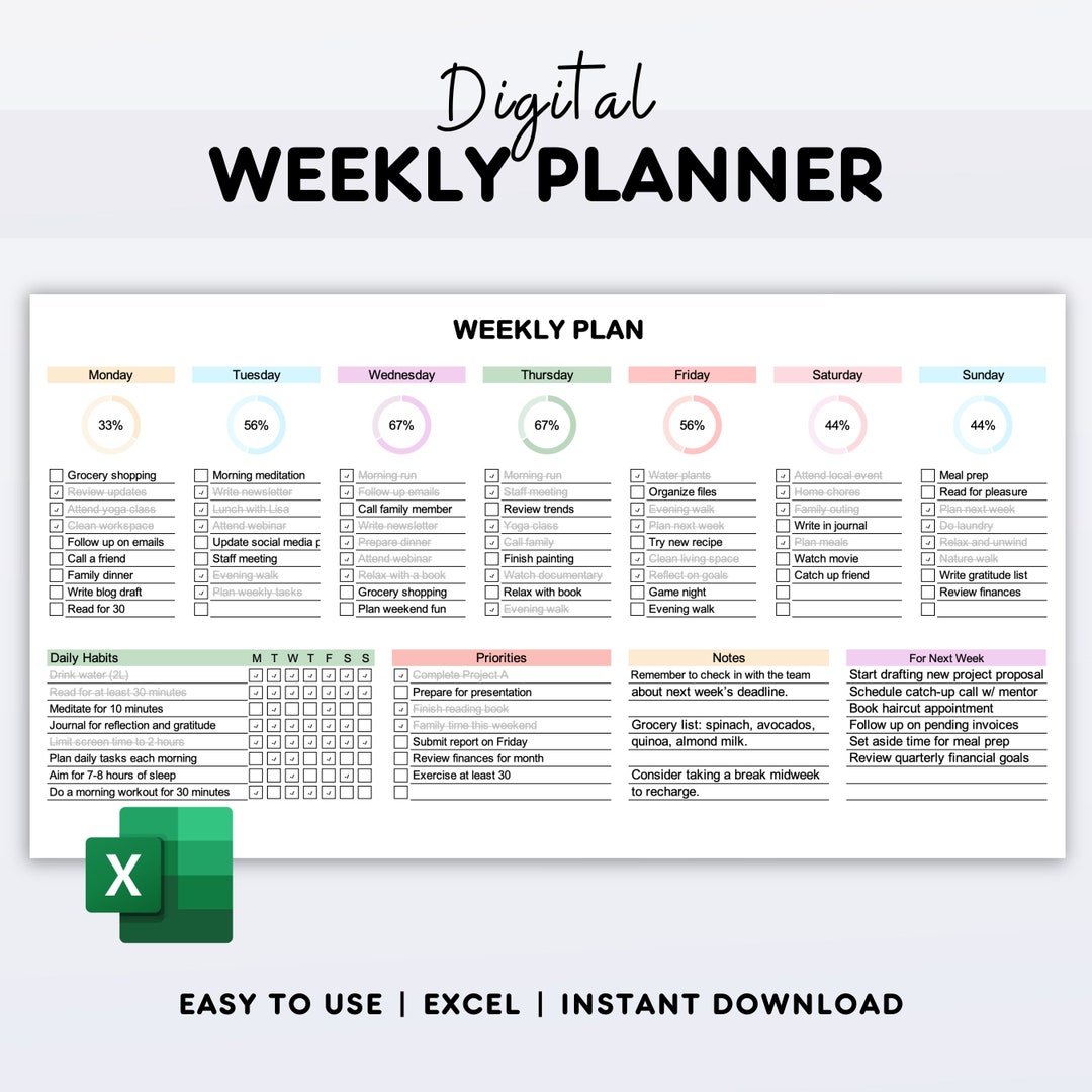 Weekly Planner Excel Template: Digital Daily to Do List, Habit Tracker ...