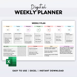 May include: A digital weekly planner template in Excel format. The planner is divided into seven days of the week, with sections for daily habits, priorities, notes, and next week's tasks. The template is color-coded and includes a progress bar for each day.