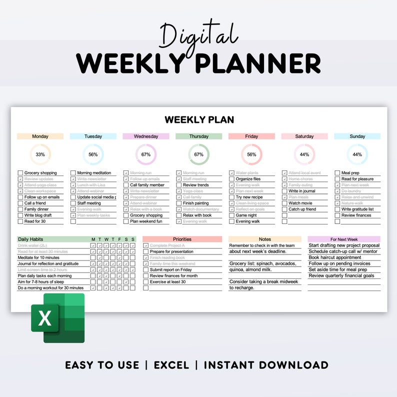 Weekly Planner Excel Template Task Tracker Daily Habit Tracker Todo