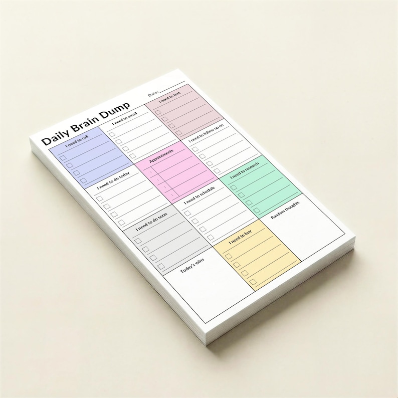 Top-down view of ADHD planner sticky note pad on desk, 4x6 inches with clearly separated color-coded sections for tasks, calls, appointments, and notes in a structured daily planning layout.