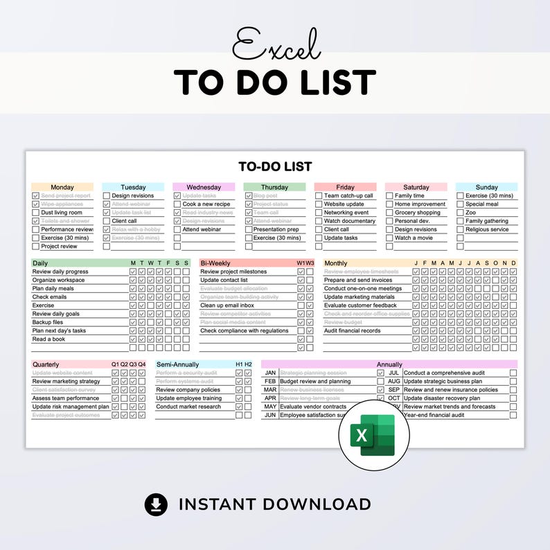 A screenshot of an Excel spreadsheet for a digital to-do list, showcasing a simple layout with colorful pastel headers for task tracking across daily, weekly, monthly, and annual categories.