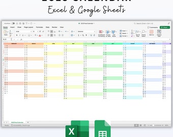 2025 Excel Calendar & Google Sheets Monthly Calendar 2025 Year Planner 2025 Editable Excel and Google Sheets Template Rainbow Colors