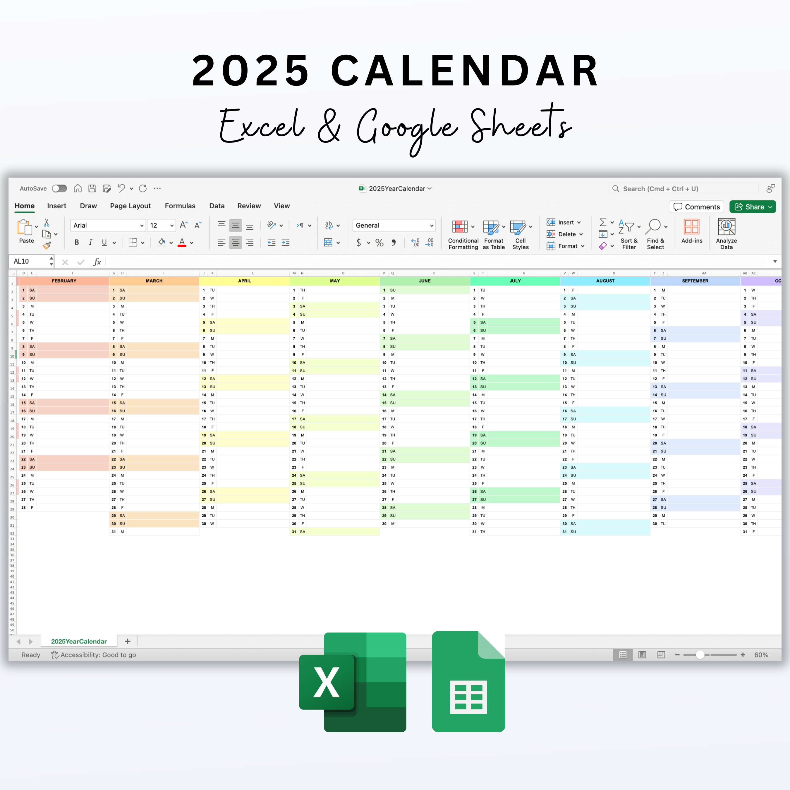 Calendário 2025 Excel e Planilhas Google Calendário Mensal Planejador