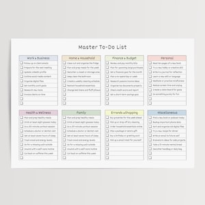 Master To-Do Liste PDF - Bis zu 8 Kategorien, bunte Pastell Checklisten, A4 & US Letter, Digital Download, Querformat, druckbare ToDo Liste