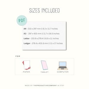 May include: A digital PDF document listing sizes including A4 at 8.3 x 11.7 inches, A3 at 11.7 x 16.5 inches, Letter at 8.5 x 11 inches, and Ledger at 11 x 17 inches. Icons represent compatibility for paper, tablet, and computer use.