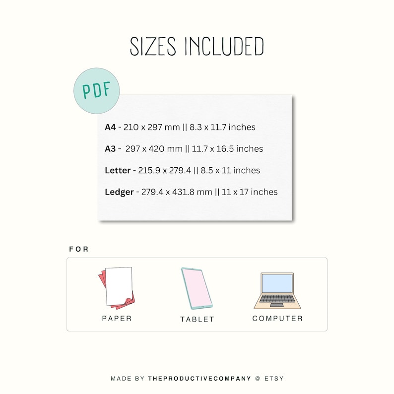 May include: A digital PDF document listing sizes including A4 at 8.3 x 11.7 inches, A3 at 11.7 x 16.5 inches, Letter at 8.5 x 11 inches, and Ledger at 11 x 17 inches. Icons represent compatibility for paper, tablet, and computer use.