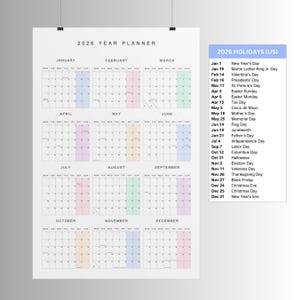 May include: A 2026 year planner poster with a grid layout, featuring monthly calendars with highlighted dates. A list of 2026 US holidays is displayed on the right. The calendar is designed for easy planning and organization.