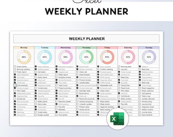 Weekly Planner Excel Task Tracker with Checklists & Charts (Instant Digital Download)