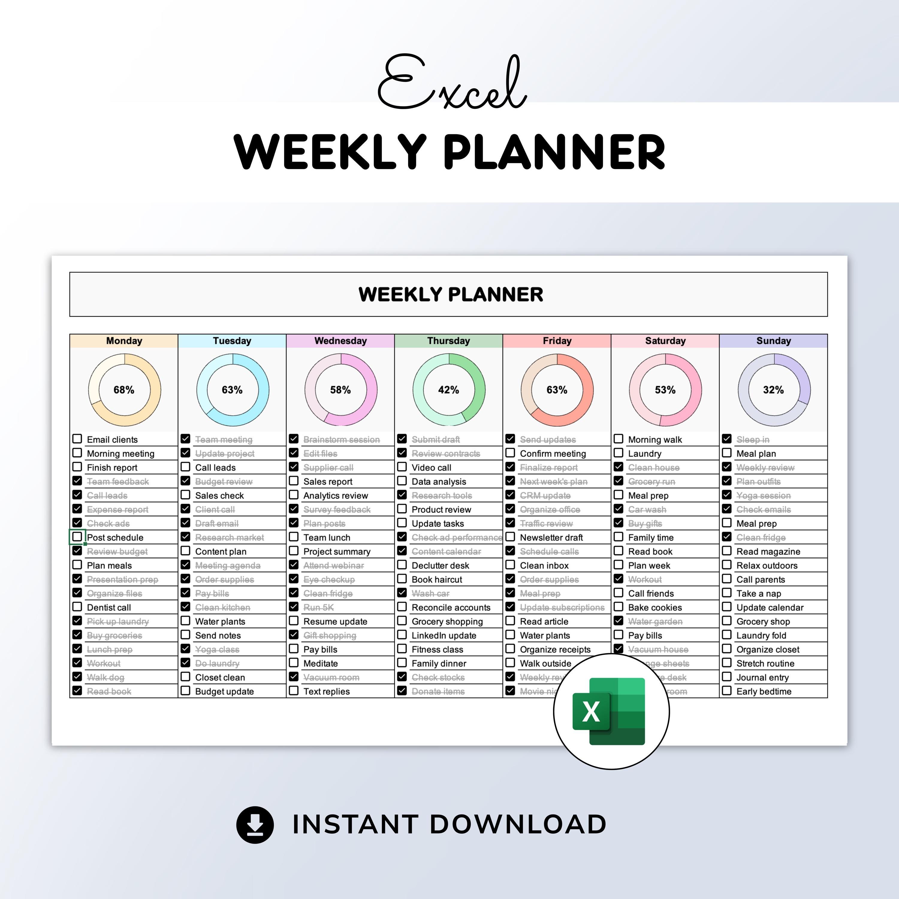 Visual Task Planner. Excel Weekly Planner Excel Task Tracker With Checklists & Charts (instant ...