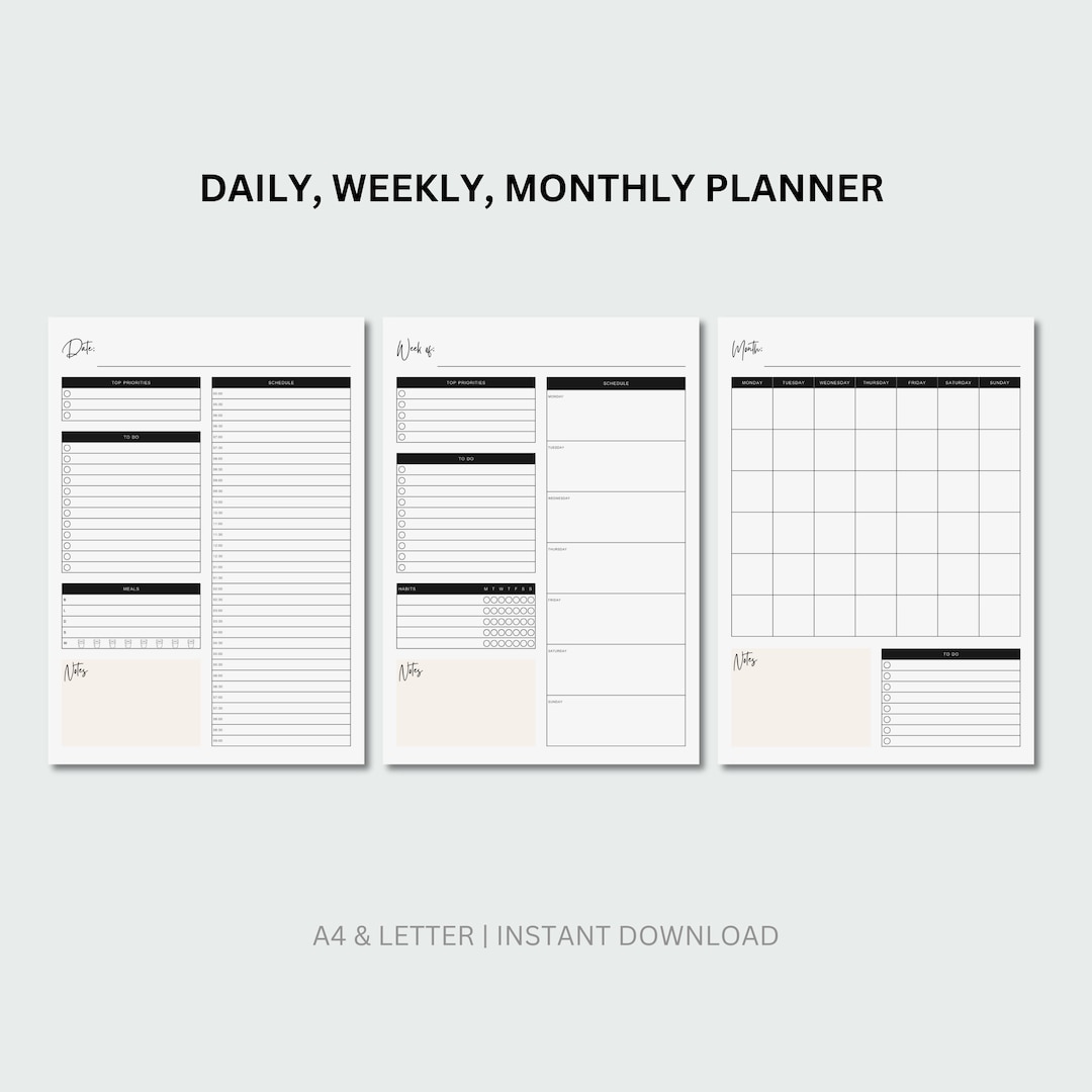 Printable Daily Weekly Monthly Planner Set Printable Daily Planner ...