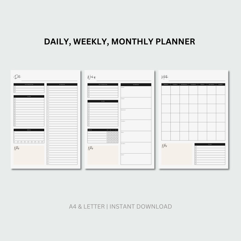 Printable Daily Weekly Monthly Planner Set Printable Daily Planner ...
