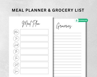 Modèle PDF imprimable de planificateur de repas hebdomadaire et de liste de courses, liste de courses quotidienne pour la préparation de repas, format A4 et lettre, téléchargement immédiat au format PDF