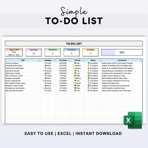 May include: A simple to-do list template in Excel format. The template includes columns for task, category, due date, priority, status, and comments. The template is designed to help users organise and track their tasks.