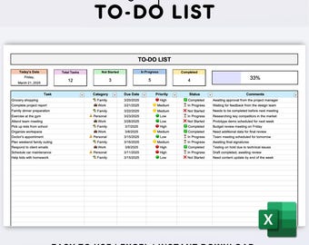 Liste des tâches Excel avec catégories, priorité et statut : liste de contrôle numérique, tableau de bord de suivi des tâches