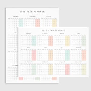 Calendario anual 2025: versiones vertical y horizontal, planificador de pared imprimible con inicio en lunes y domingo, 6 tamaños, diseño minimalista en tonos pastel.