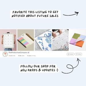 Etsy shop reminder graphic encouraging customers to favorite the listing and follow The Productive Company for updates.