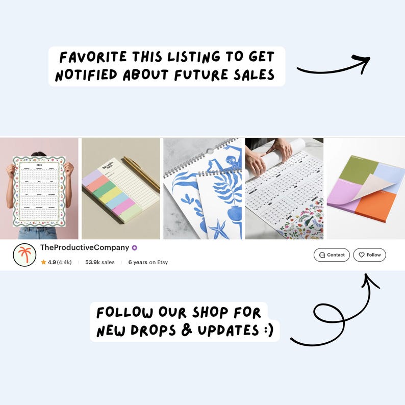 Etsy shop reminder graphic encouraging customers to favorite the listing and follow The Productive Company for updates.