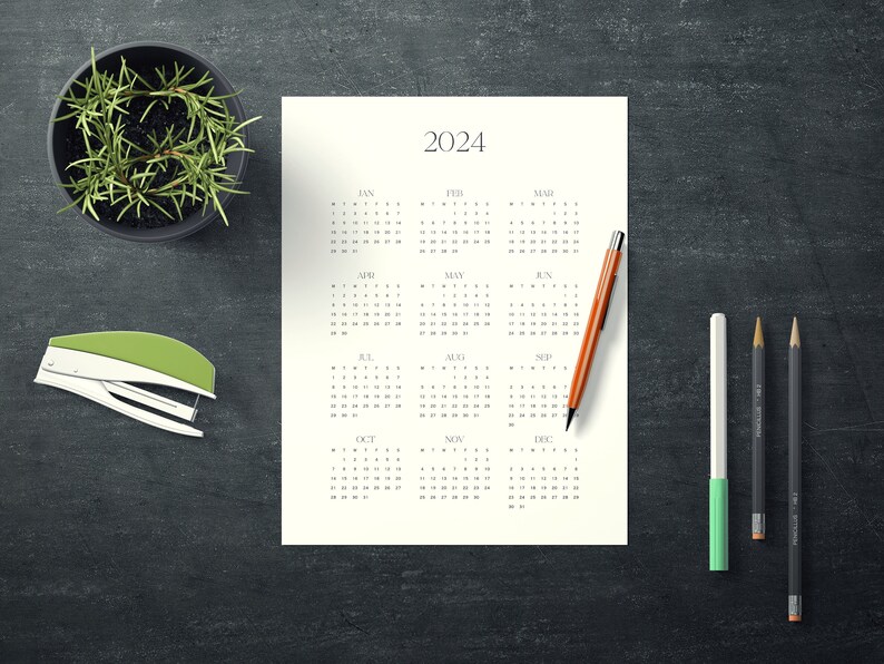 Printable 2024 year calendar pdf minimalist year overview 2024 etsy m xico