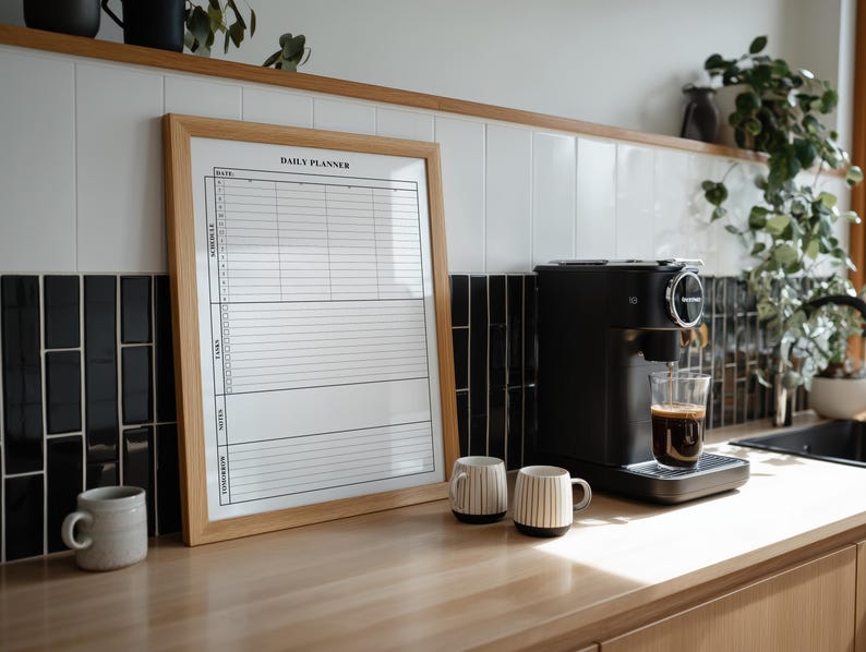 Puede incluir: Un planificador diario con marco de madera con el texto "DAILY PLANNER" se encuentra sobre una encimera de madera junto a una m&aacute;quina de espresso negra. Dos tazas con rayas verticales y un vaso transparente de caf&eacute; tambi&eacute;n est&aacute;n en la encimera. Plantas y azulejos blancos y negros en el fondo.