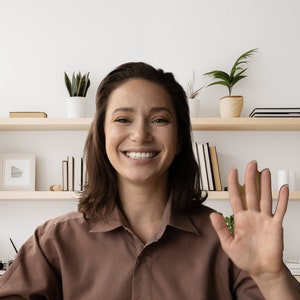 Virtual background for Zoom and Teams meetings, featuring a modern home office with bookshelves and plants, minimalist design, instant download in JPG format.