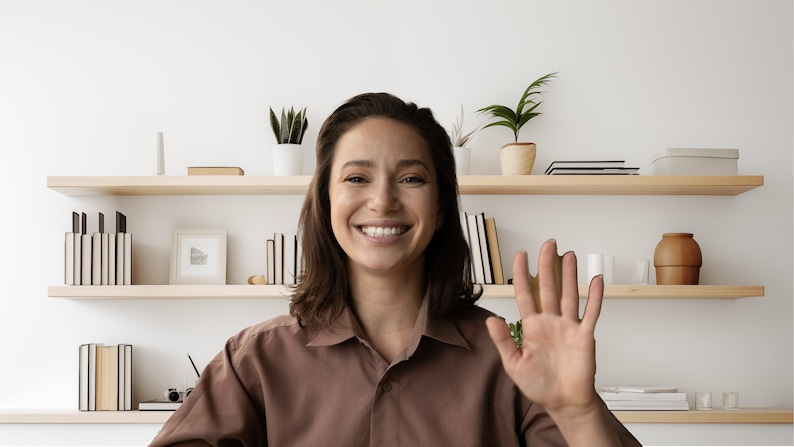 Virtual background for Zoom and Teams meetings, featuring a modern home office with bookshelves and plants, minimalist design, instant download in JPG format.