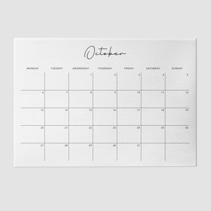 Calendario mensual imprimible minimalista 2025 (PDF) con inicio en domingo y lunes (carta de EE. UU., A4, A3) y descarga instantánea.
