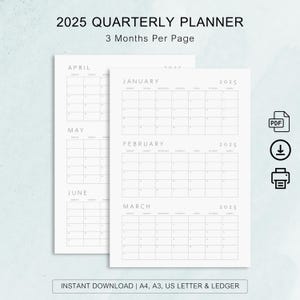 Planificador trimestral 2025, calendario de pared de 3 meses, horario minimalista de 90 días, PDF imprimible, inicio lunes y domingo, tamaño A3/A4/Carta/Tabloide