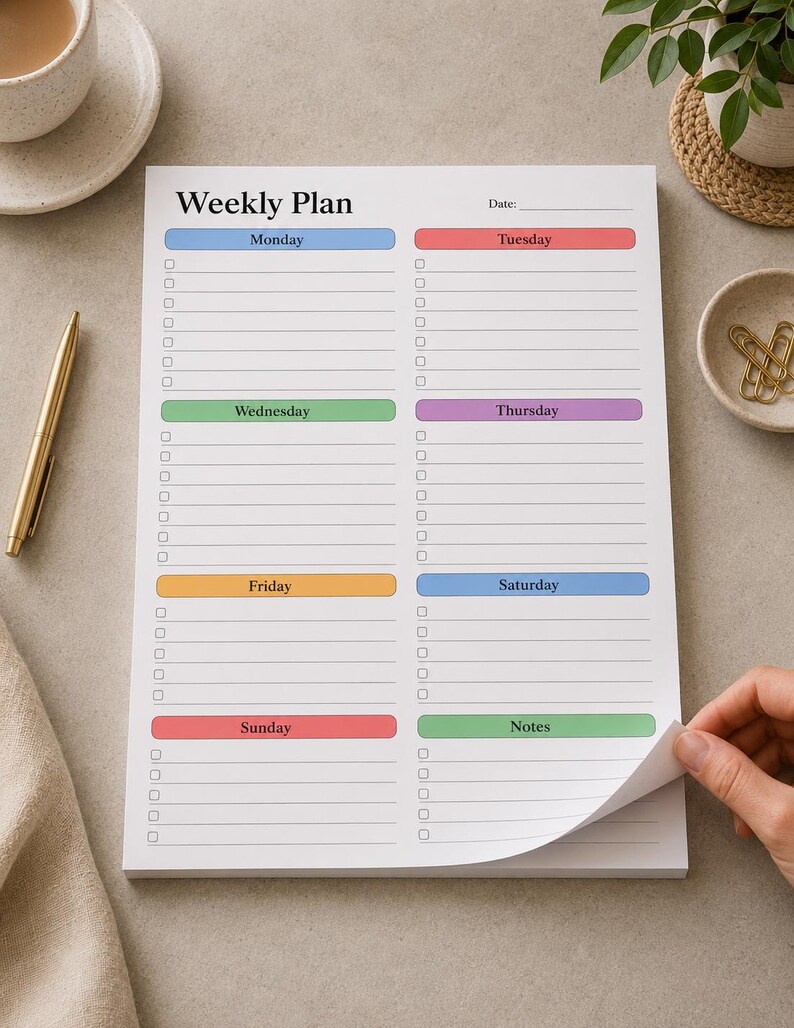 May include: A white weekly planner pad with sections for each day of the week, including Monday, Tuesday, Wednesday, Thursday, Friday, Saturday, and Sunday. Each day has a colored header and lined spaces for notes. The pad is on a neutral surface.