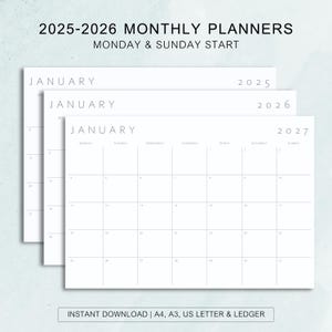Planificador mensual horizontal 2025-2027, calendario imprimible, resumen del mes / A4, A3, carta, libro mayor / Inicio domingo y lunes (PDF)