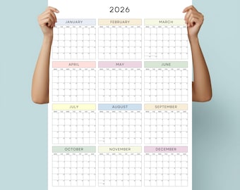 Pastelkleurige wandkalender 2026: poster jaar in één oogopslag, start maandag