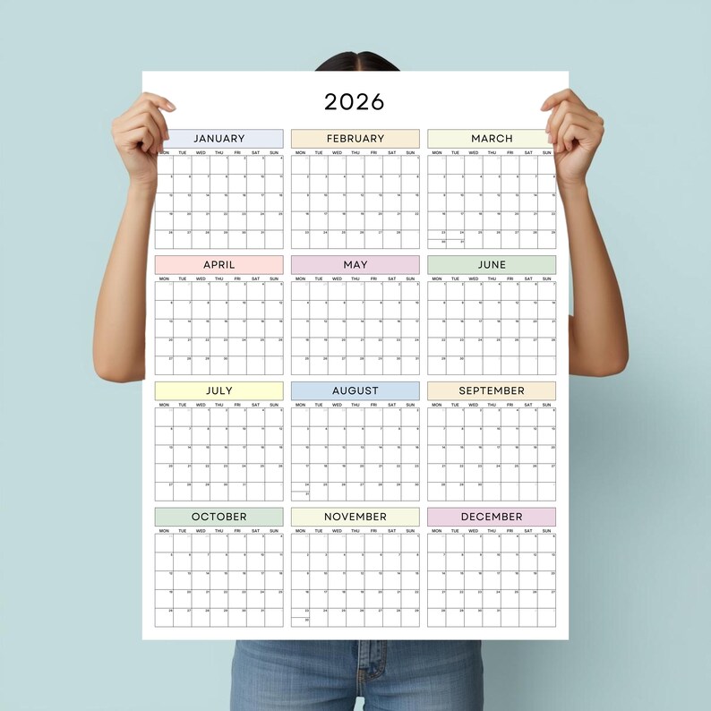 2026 Pastel Wall Calendar: Year at A Glance Poster, Monday Start - Etsy