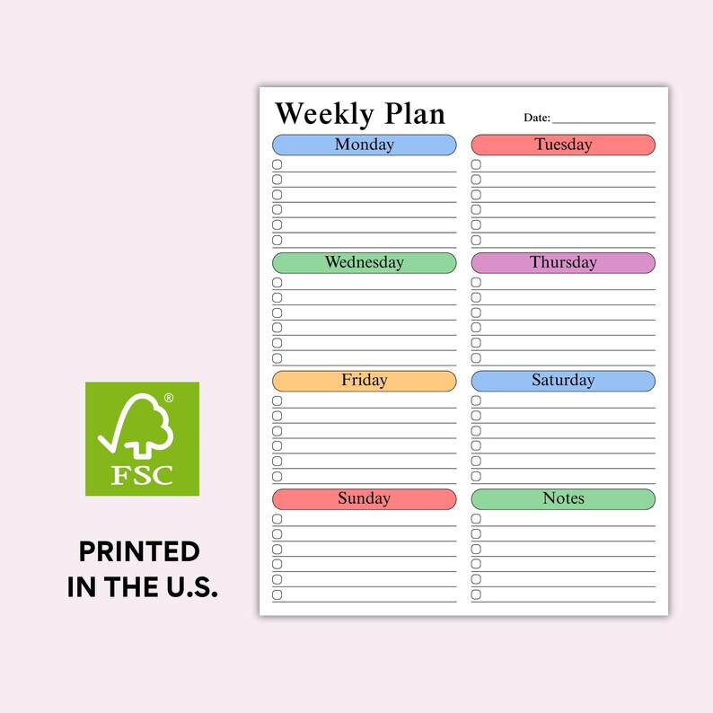 Weekly planning desk pad with spacious checklist layout and colorful pastel headers shown on neutral background, featuring large writing sections and minimalist office organization stationery style.