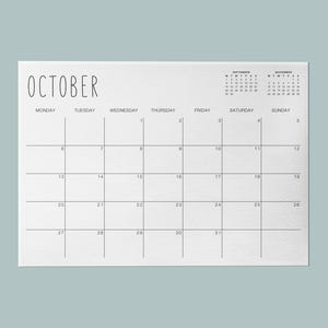 Calendario mensual imprimible 2025 con diseño minimalista horizontal. Un mes por página. Descarga digital en PDF, A4 y carta de EE. UU., inicio en domingo y lunes.