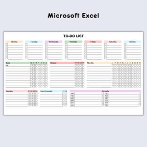 A printable to-do list template with sections for daily, weekly, monthly, quarterly, semi-annually, and annually tasks. The template is designed for use with Microsoft Excel.