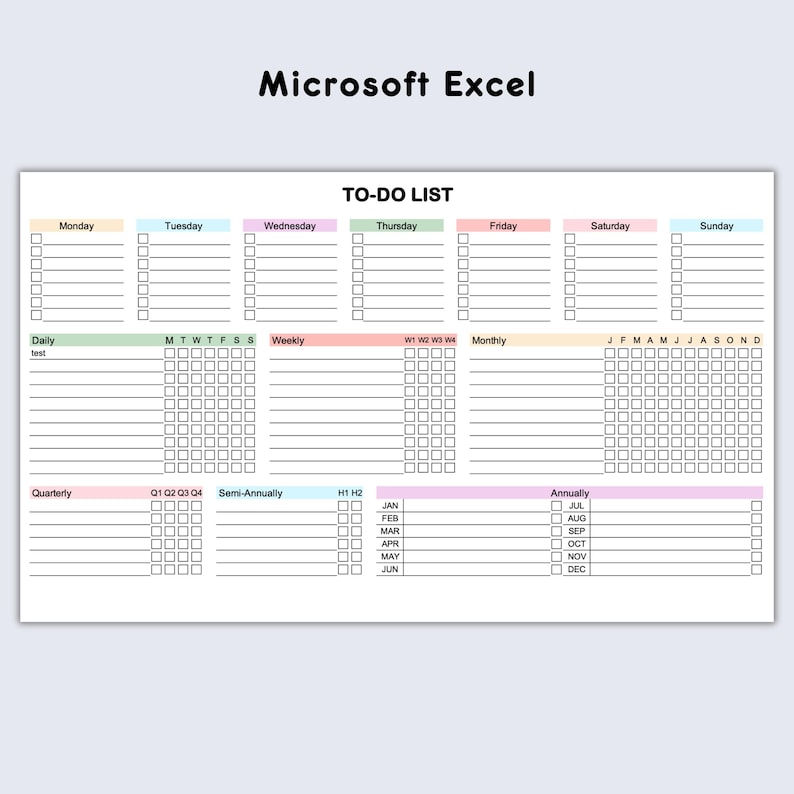 A printable to-do list template with sections for daily, weekly, monthly, quarterly, semi-annually, and annually tasks. The template is designed for use with Microsoft Excel.