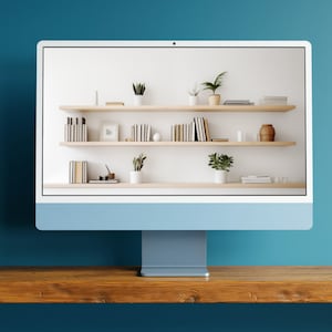 Professional virtual background with minimalist home office setup, bookshelves, and plants, designed for Zoom and Teams meetings, instantly downloadable as a JPG.