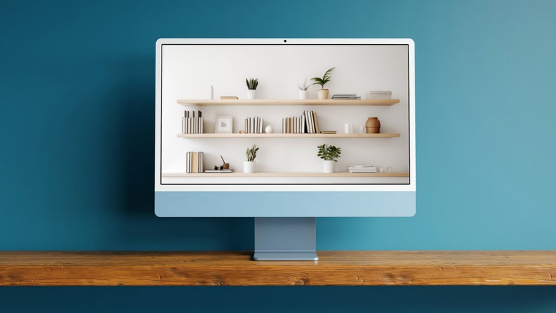 Professional virtual background with minimalist home office setup, bookshelves, and plants, designed for Zoom and Teams meetings, instantly downloadable as a JPG.
