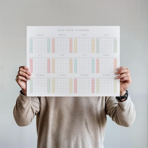 2025 Yearly Wall Calendar, Large Planner Poster, Sunday Start, Horizontal, Warm Pastel Colors, Minimalist Design, Thin Lines for Home Office