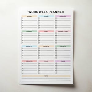 Work week planner design featuring colorful section headers and checkmarks for completed tasks on a plain background.