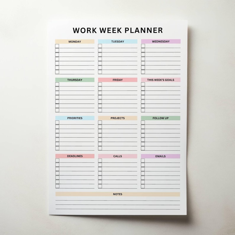 Work week planner design featuring colorful section headers and checkmarks for completed tasks on a plain background.