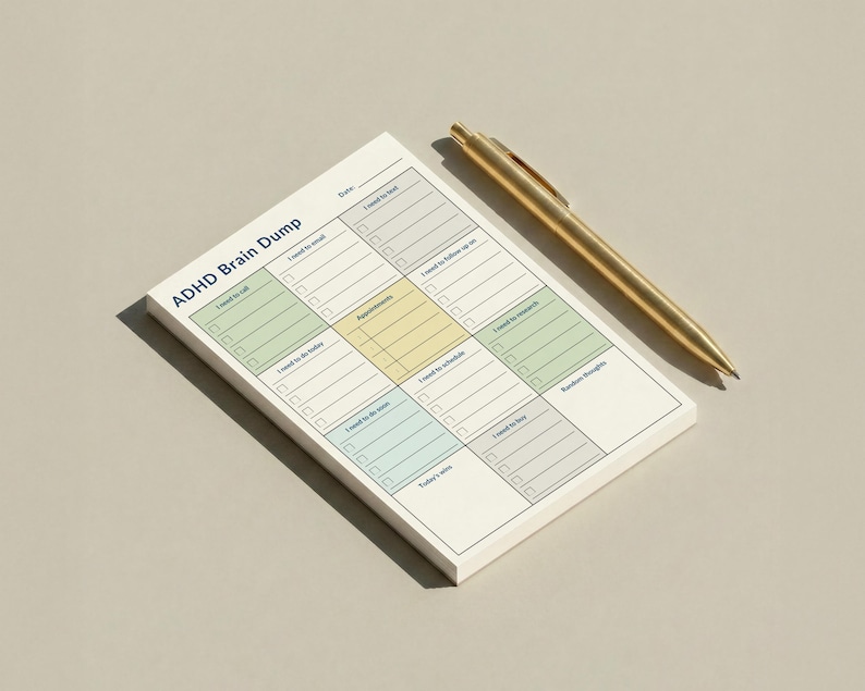 Compact 4x6 inch sticky note pad for ADHD daily planning, with 12 structured sections and pastel headers, resting on a home office desk next to a pen, designed for visual organization and productivity.