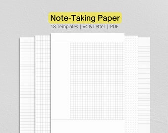 Paquete de hojas de papel para notas imprimibles: rayadas, cuadriculadas y con cuadrícula de puntos (tamaños A4 y carta) (descarga digital)
