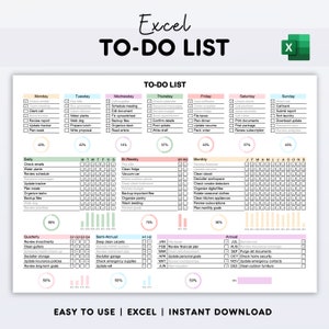 Excel-takenlijstsjabloon met grafieken Dagelijks Wekelijks Maandelijks takenlijstplanner met voortgangstracker Productiviteitstracker Direct downloaden