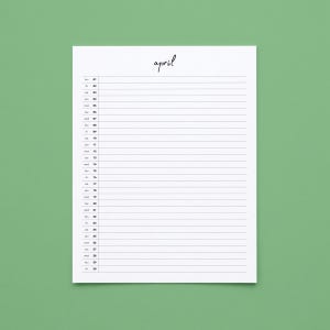 Può includere: Una pagina di agenda in carta bianca per il mese di aprile con un'intestazione in corsivo nero. La pagina presenta trenta righe orizzontali per le note giornaliere, ciascuna preceduta dall'abbreviazione del giorno e dalla data da 01 a 30.