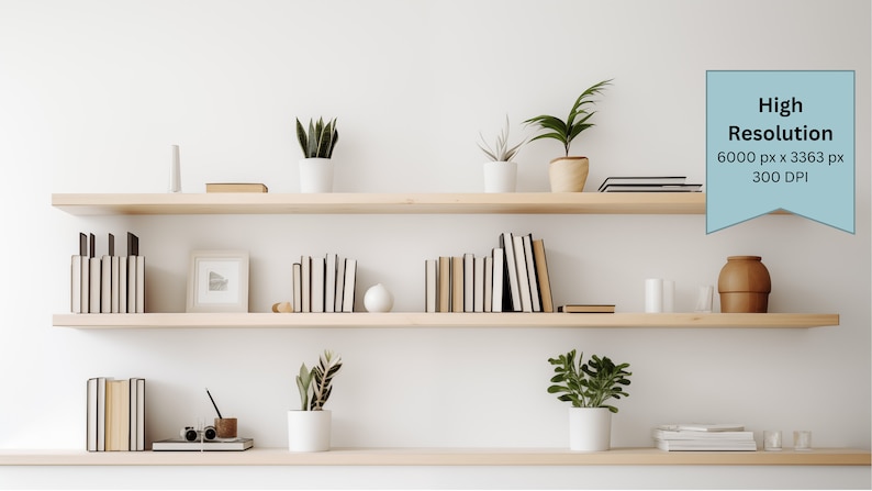 Minimalist modern home office virtual background with bookshelves and plants, designed for Zoom and Teams meetings, available as an instant download JPG.
